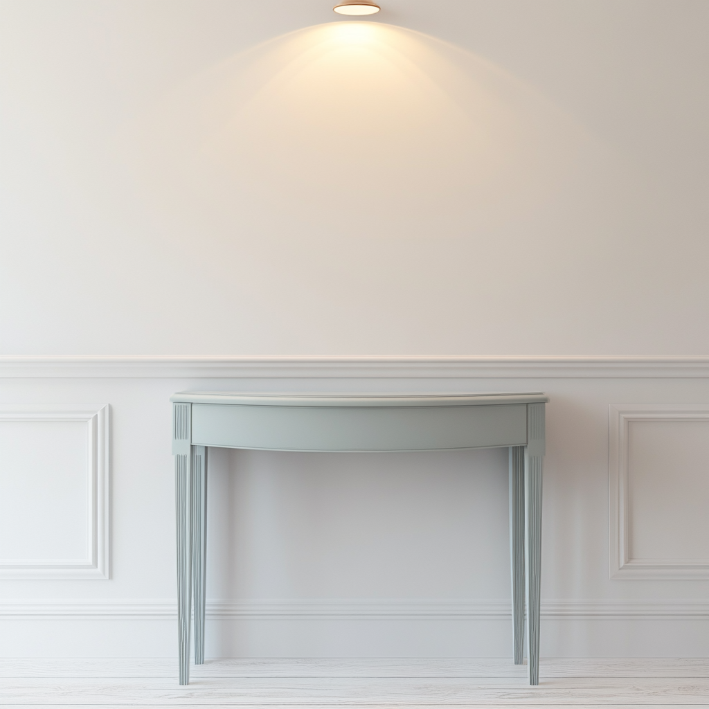 Minimize hall scene: white wall, soft light, vintage table.