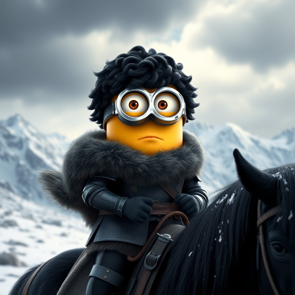 Minion Warrior Riding Horse in Snowy Mountains.