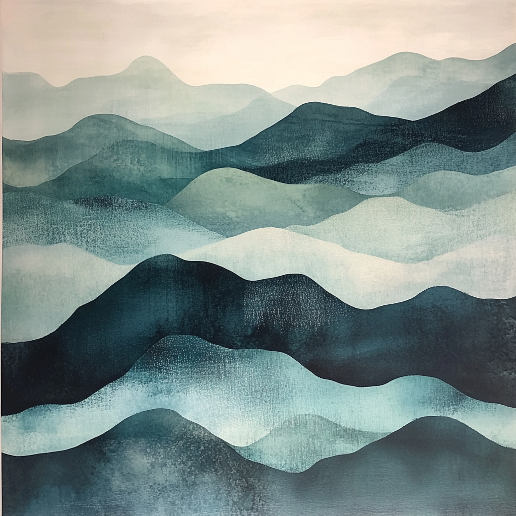 Misty Japanese Mountain Print in Teal and Olive