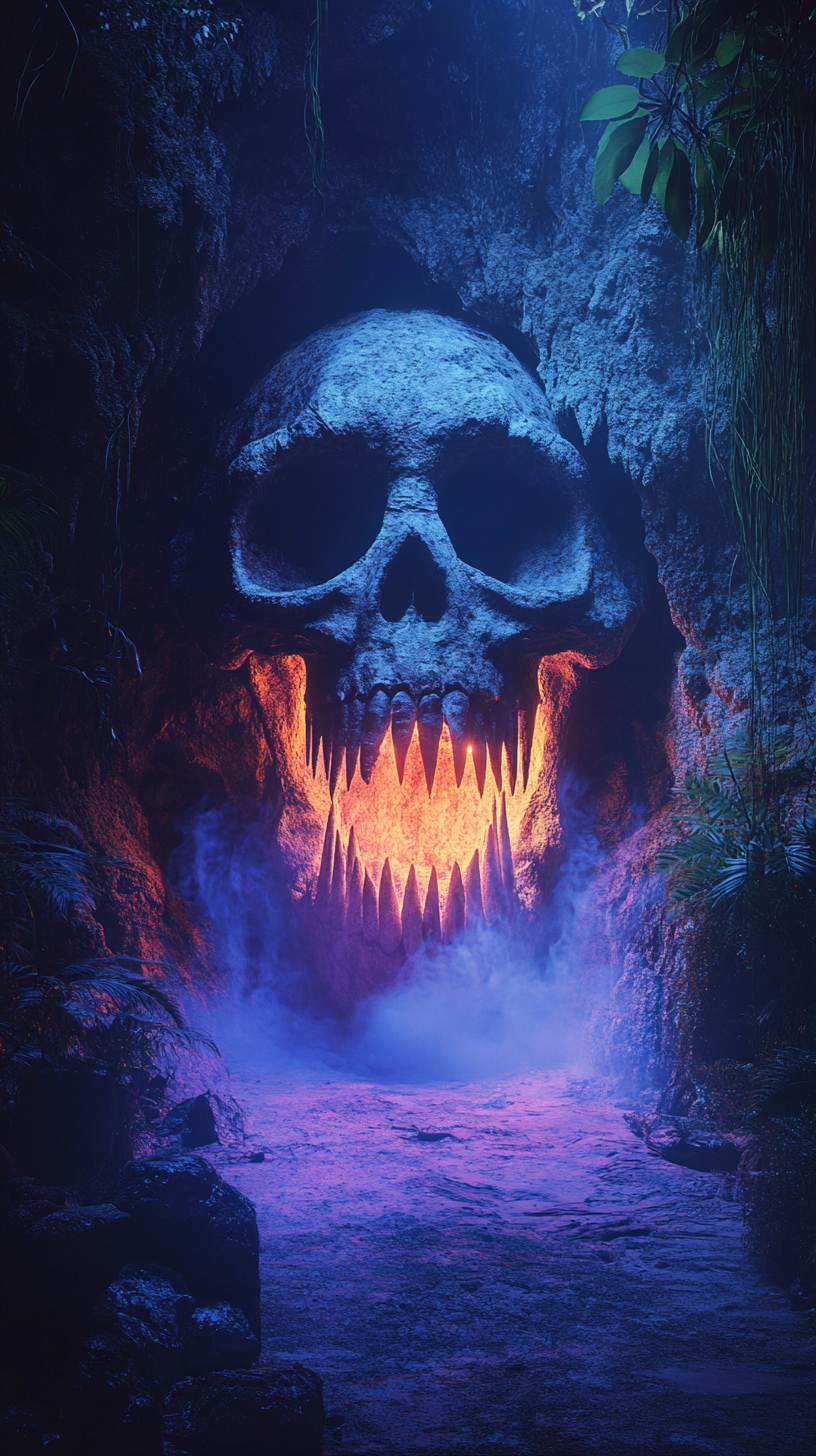 Misty colorful disco lights shine from cave skull entrance