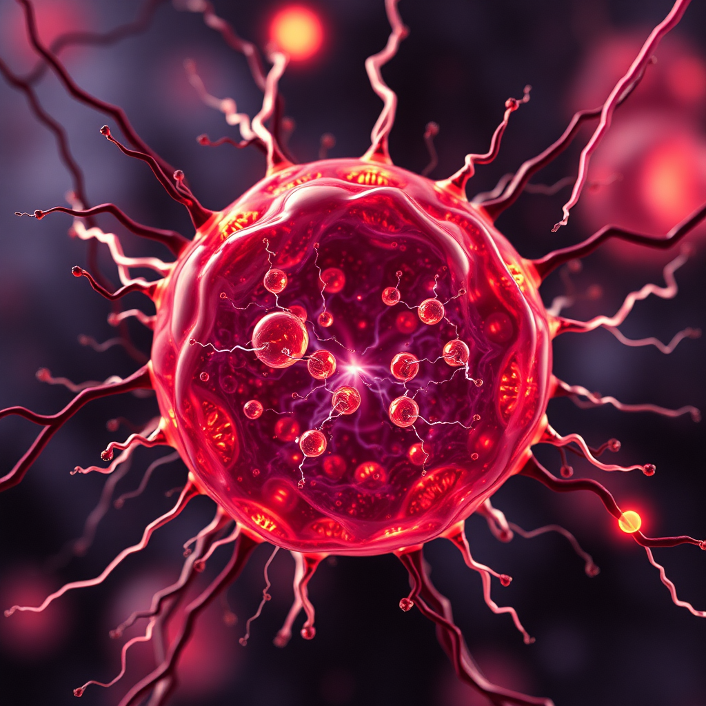 Mitochondria in cell working with electrons and protons