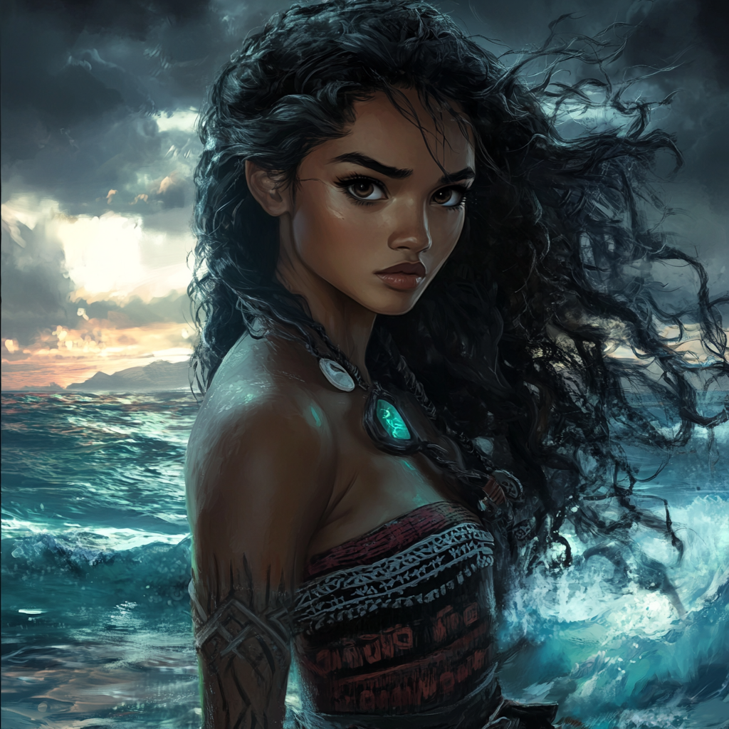 Moana in dark fantasy style with fierce expression.