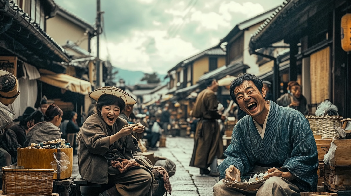 Mocked in Japanese market street, 19th century, Henri Cartier-Bresson style