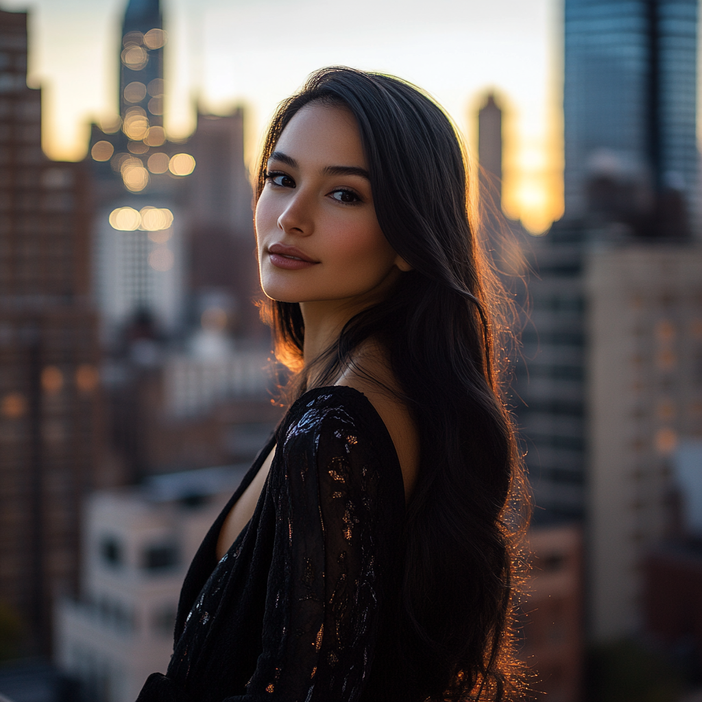 Model in chic city setting during sunset