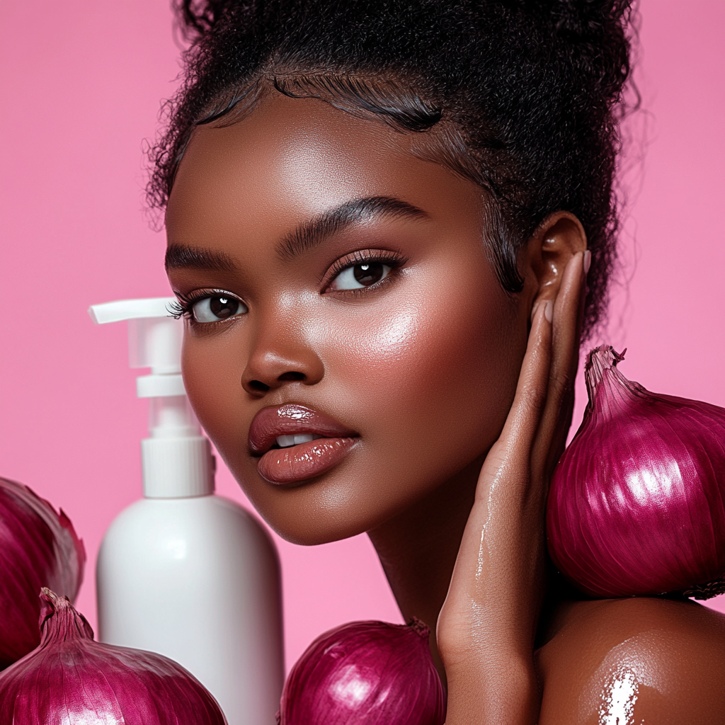 Model with beautiful eyes and hair next to shampoo