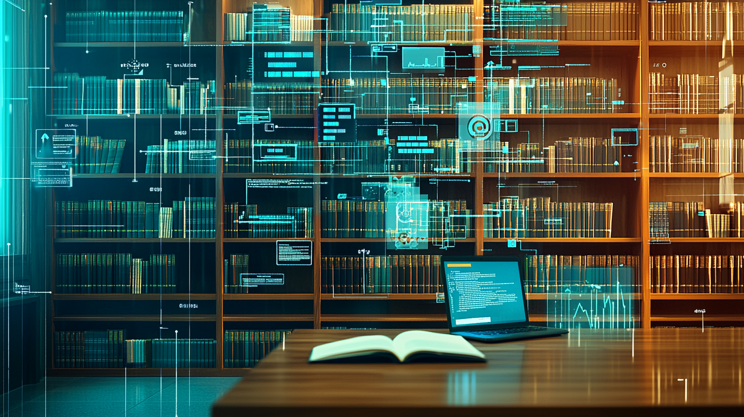 Modern Academic Workspace: Books, Data Analysis, AI Fusion