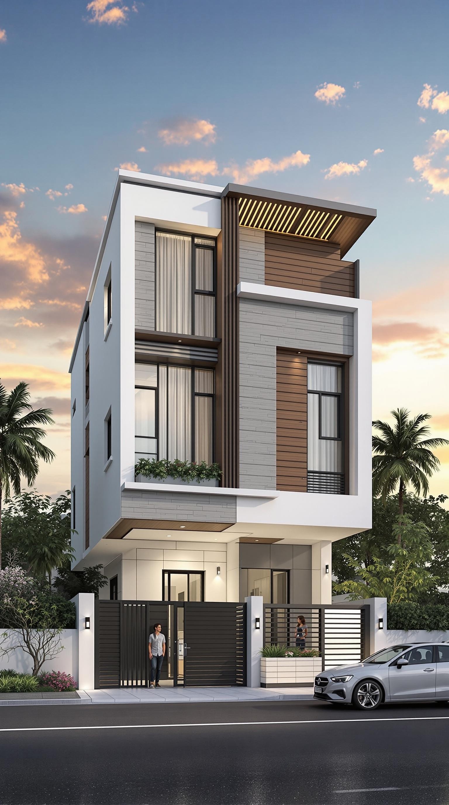 Modern Building Exterior with Coconut Trees in Afternoon