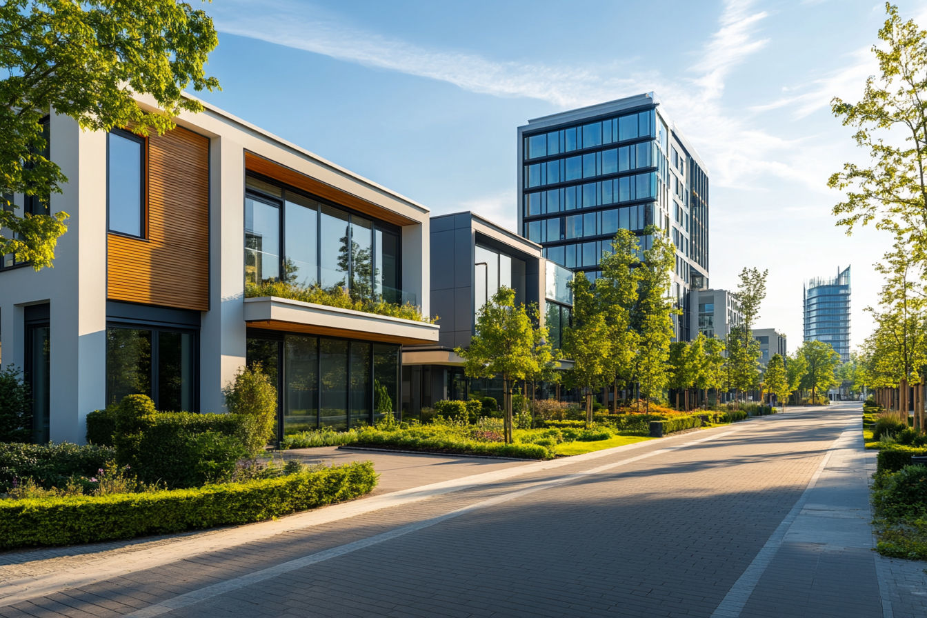 Modern Cityscape with Diverse Buildings, Clear Sky