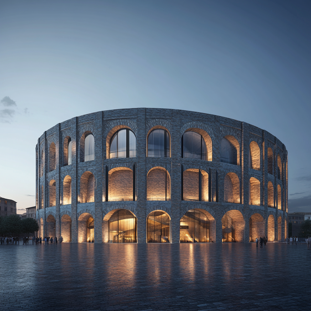 Modern Colosseum-inspired arena with glass windows at dusk