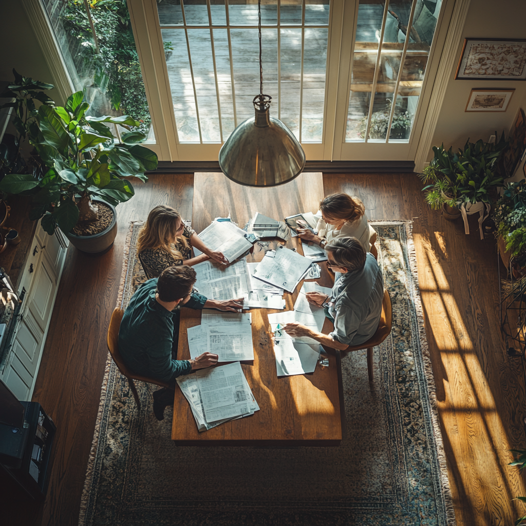 Modern Dining Room with People Overlooking Legal Papers 