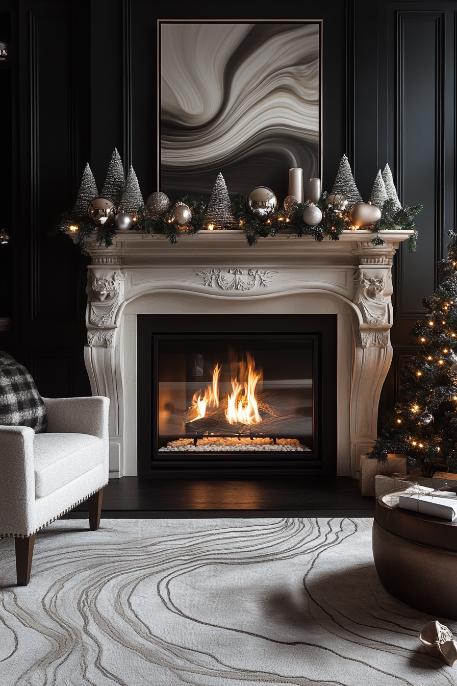 Modern Fireplace with Stylish Bauble Arrangement in Monochrome