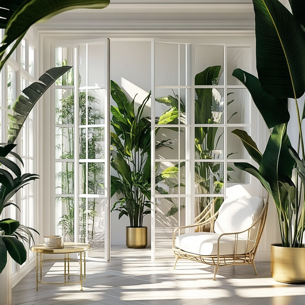 Modern French Style Terrace with Tropical Plants and Gold