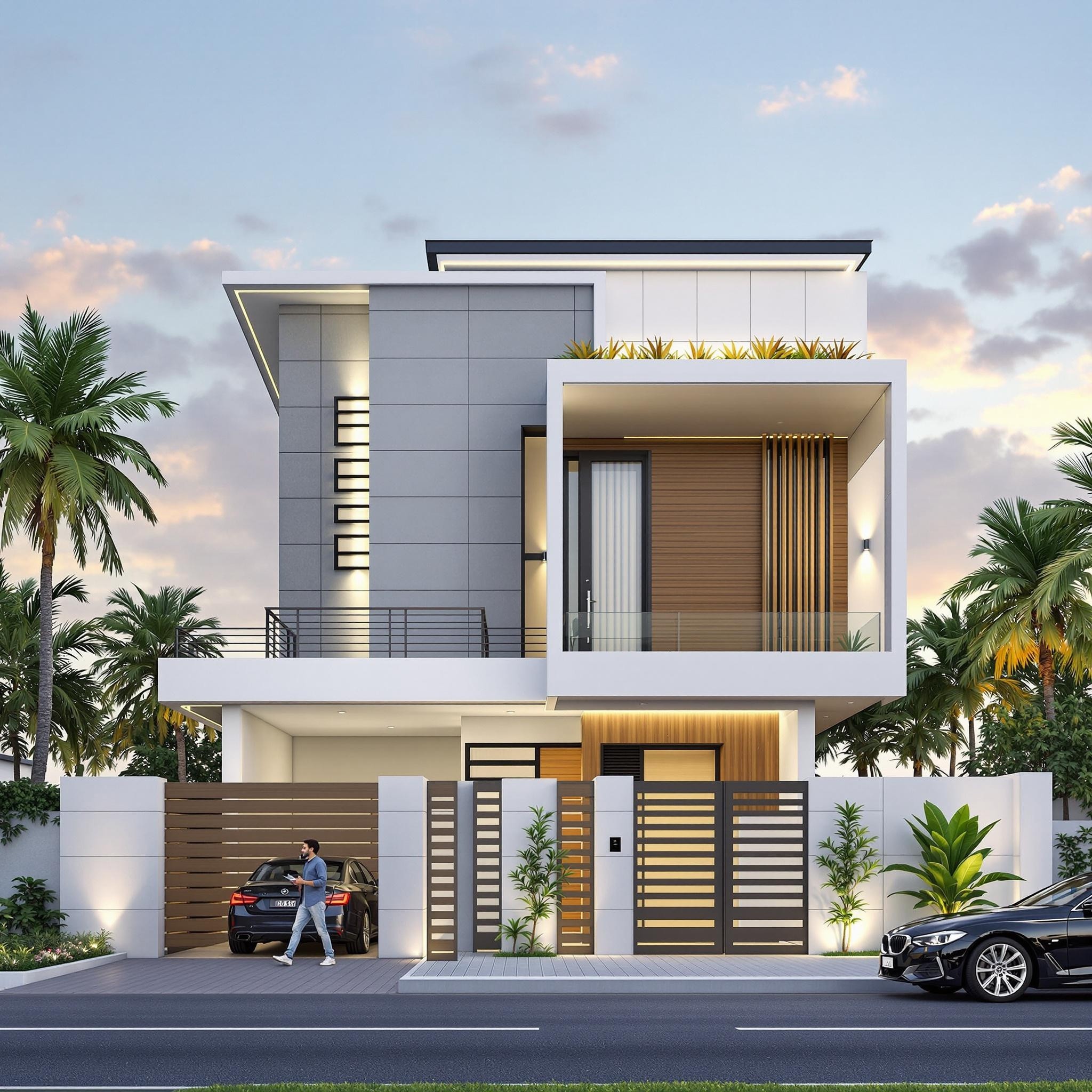 Modern House Facade with Tropical Scenery in Afternoon
