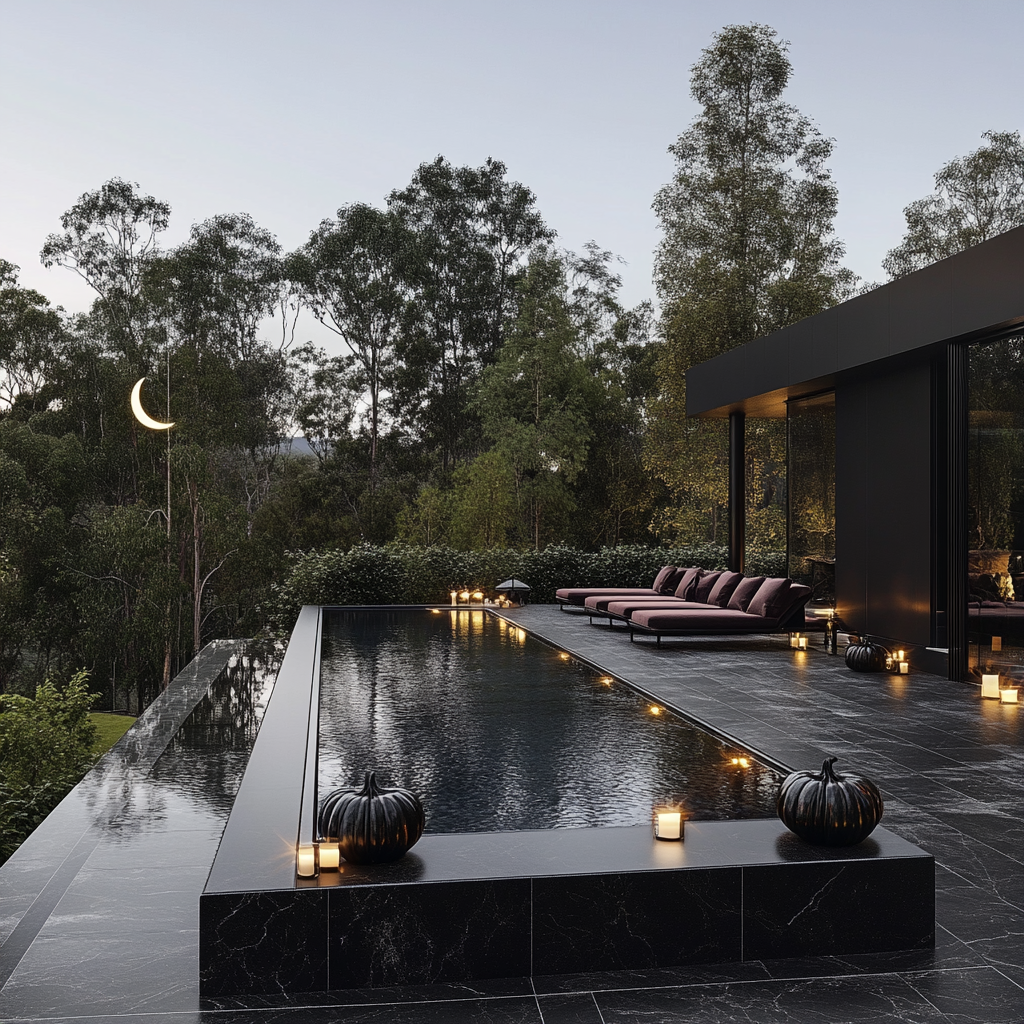 Modern Infinity Pool Oasis with Halloween Decor