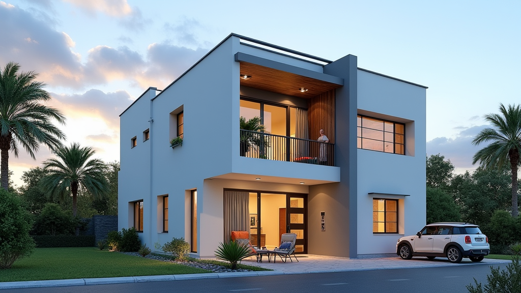 Modern Multi-Story House with Coconut Trees and Car