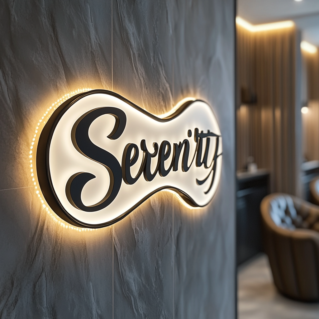 Modern Salon with 3D 'SERENITY' Metal Sign Installed