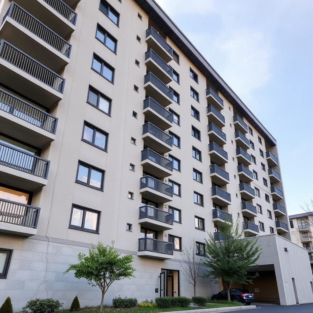 Modern apartment building with parking entrance