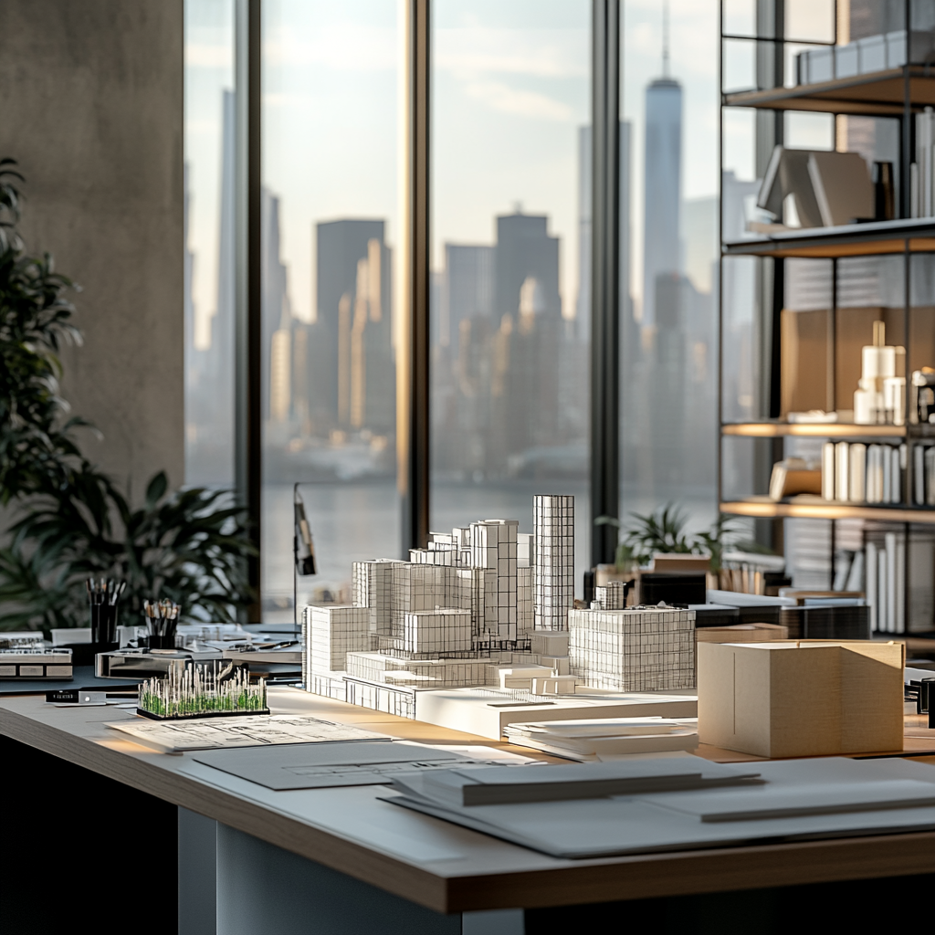 Modern architect's office with building models and city view