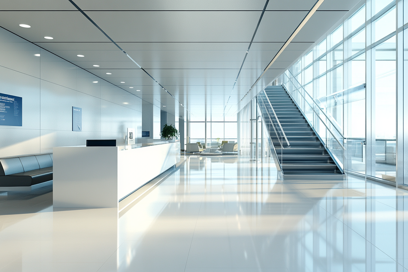 Modern bank lobby with sleek decor and seating.