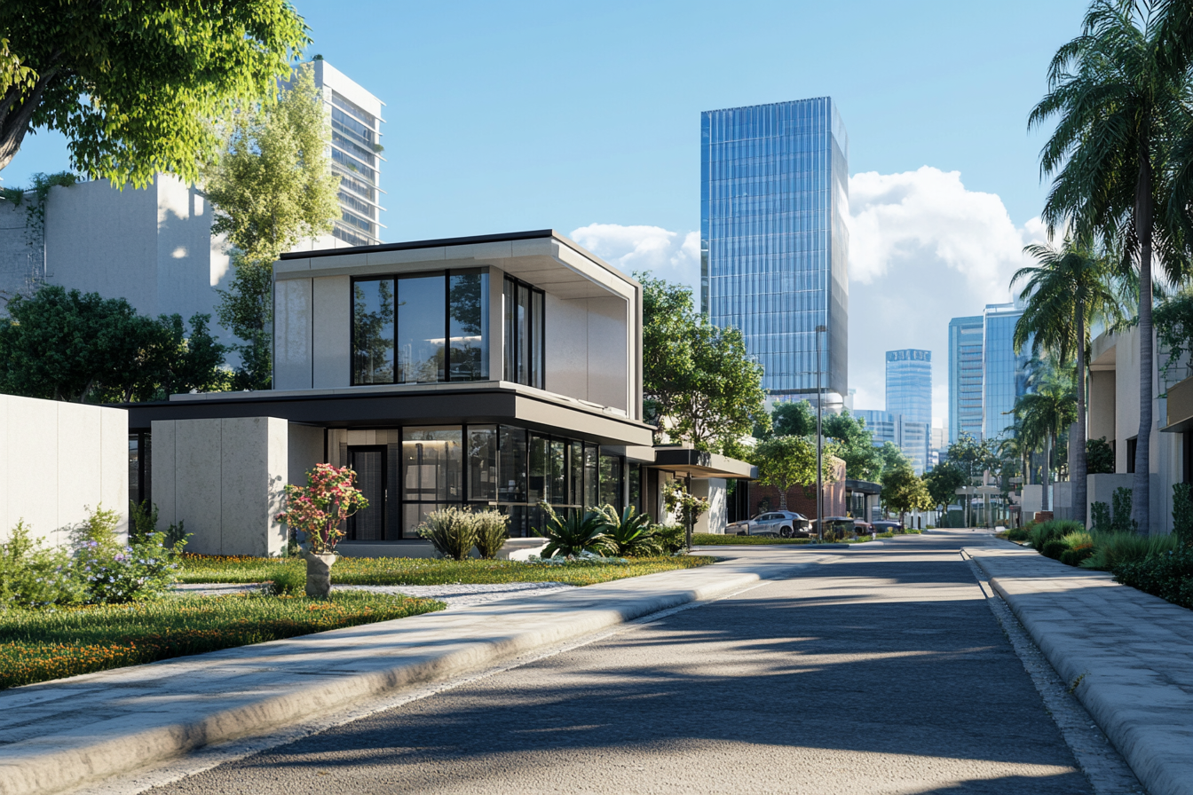 Modern city buildings on clean street