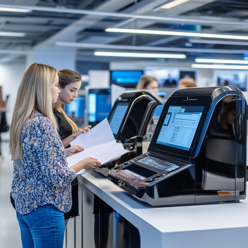 Modern copier machines in office with women workers