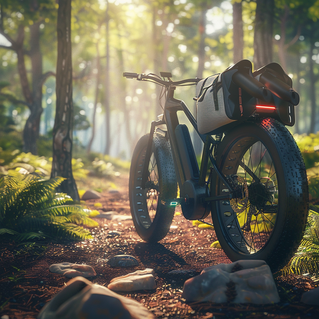 Modern electric bike with accessories on forest path