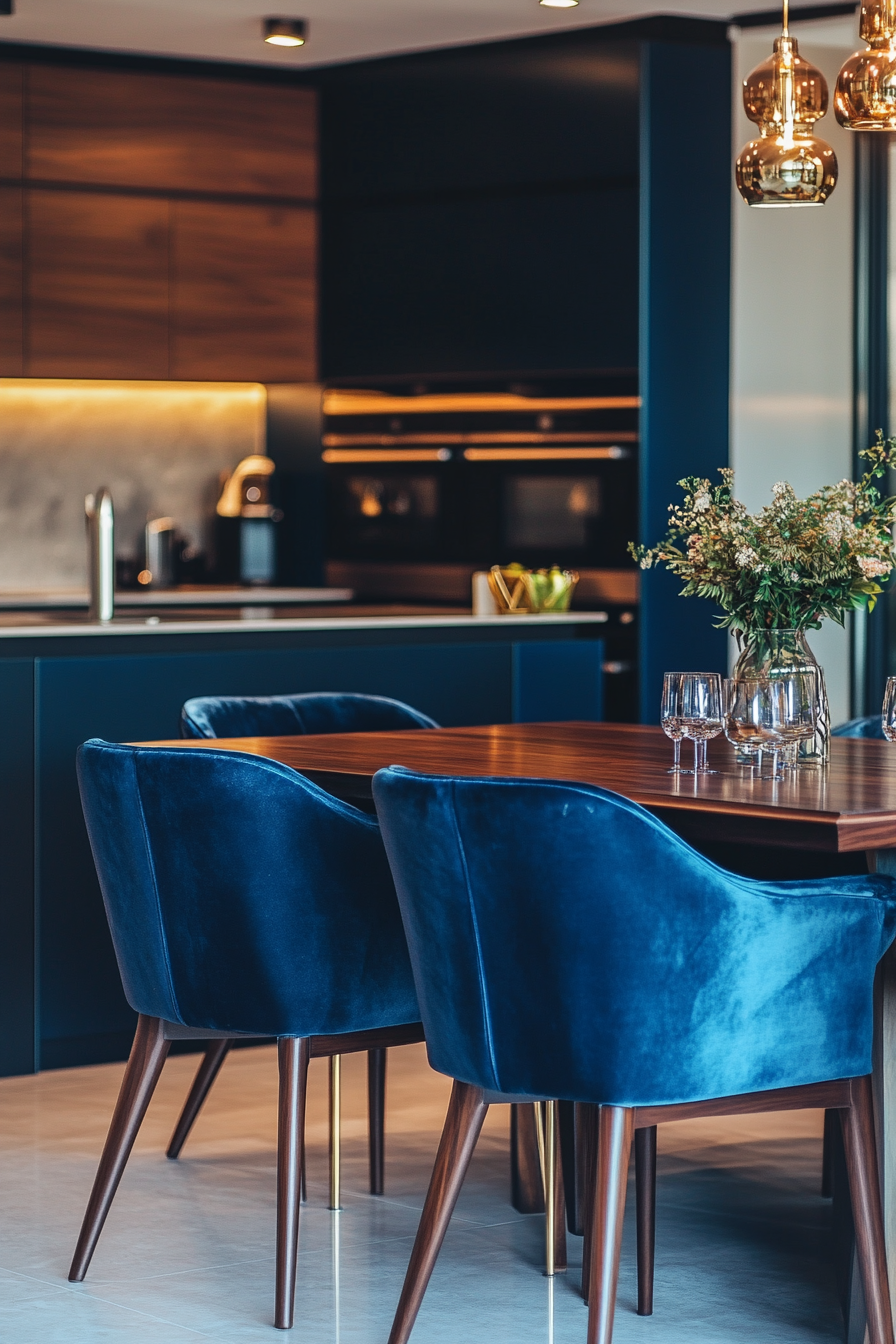 Modern kitchen with dark velvet chairs, stylish interior design.