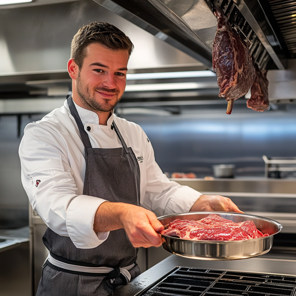 Modern kitchen with young man cooking steak