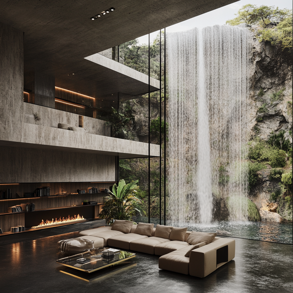 Modern living room in mansion under waterfall view