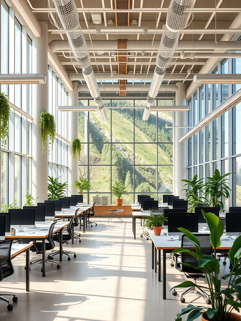 Modern office space with natural light and plants