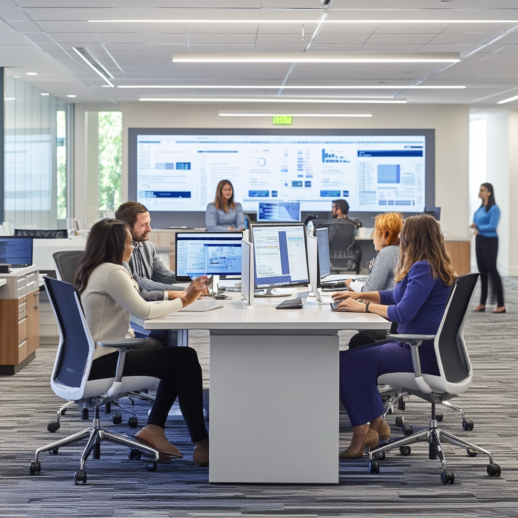 Modern office with diverse workers collaborating on technology.