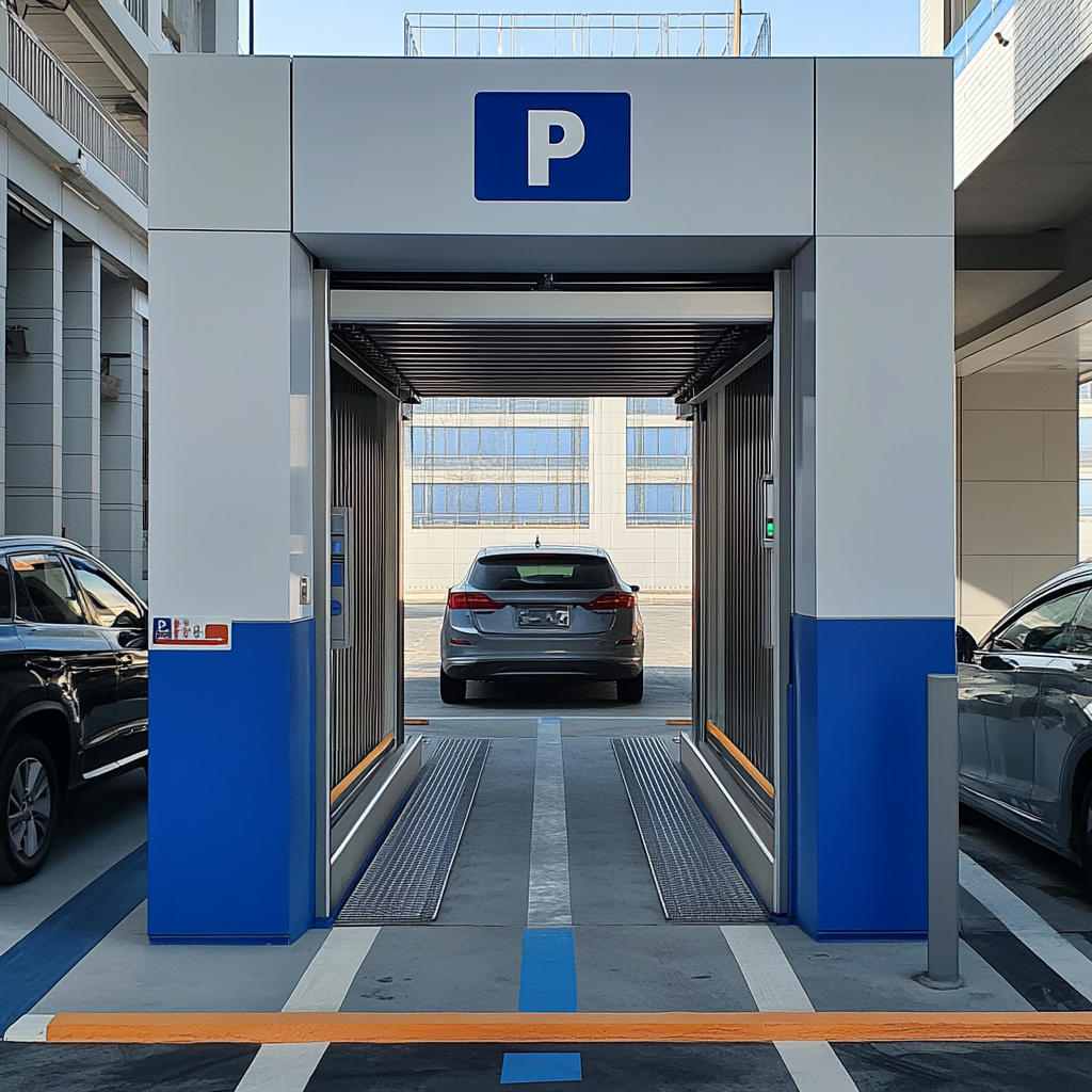 Modern parking lot entrance with P sign