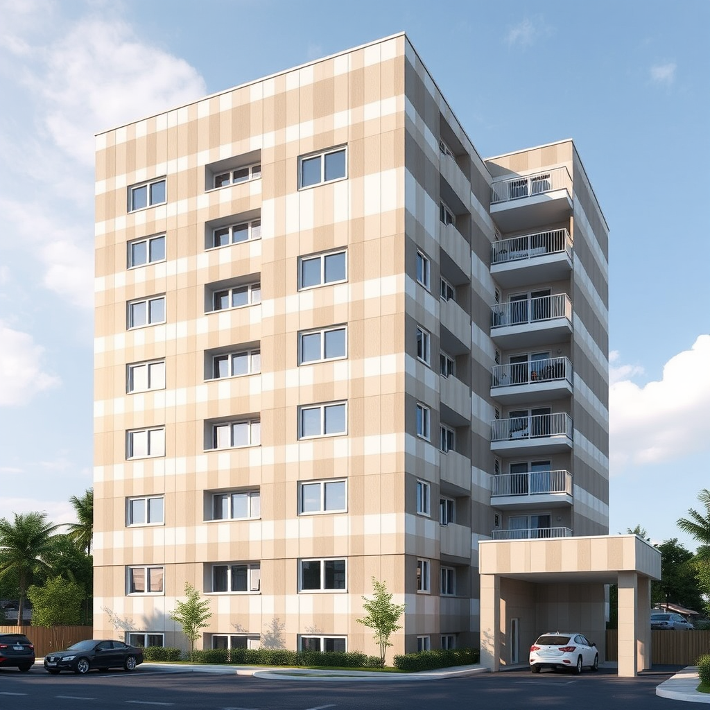 Modern striped 15-storey apartment building with parking entrance.