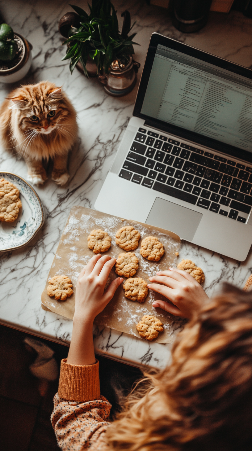 Mom and daughter baking cookies with cat watching