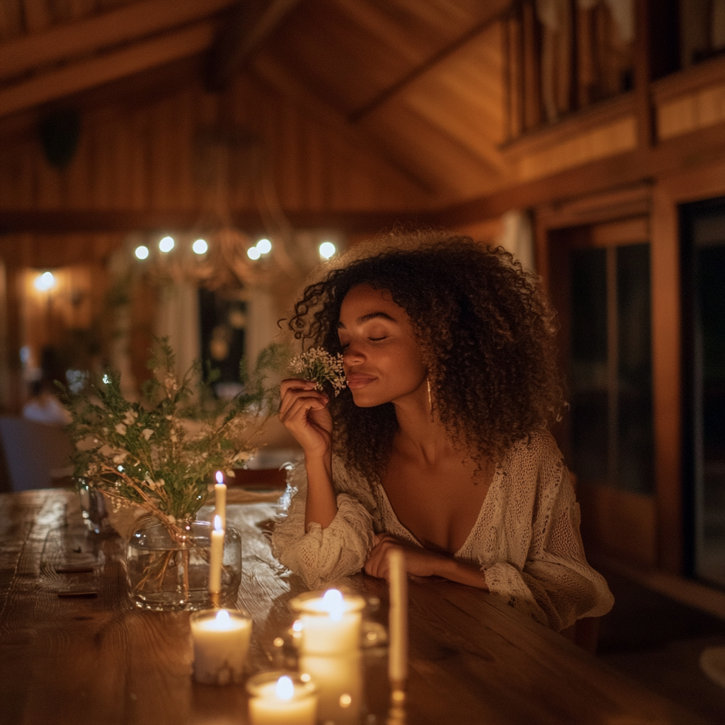 Mom smelling winter flower in elegant home