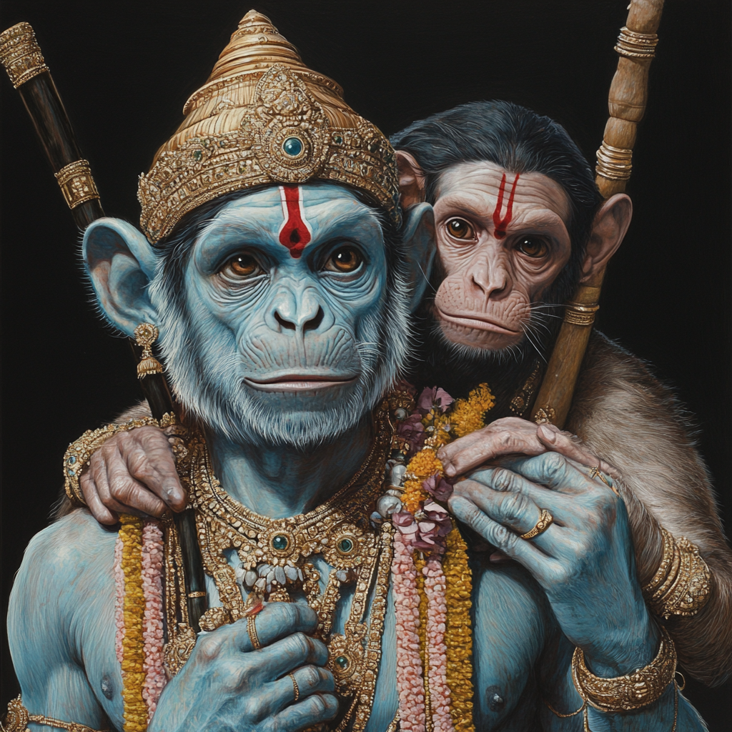 Monkey Hanumanji carrying Shri Ram and Lakshman brilliantly.