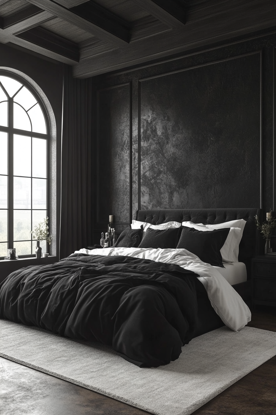 Monochrome master bedroom with varying shades and textures.