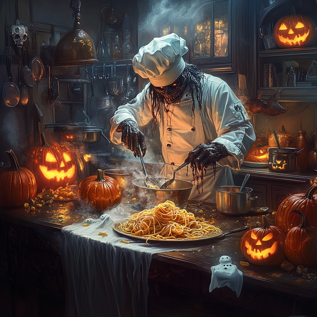 Monster Chef Preparing Italian Dishes for Halloween