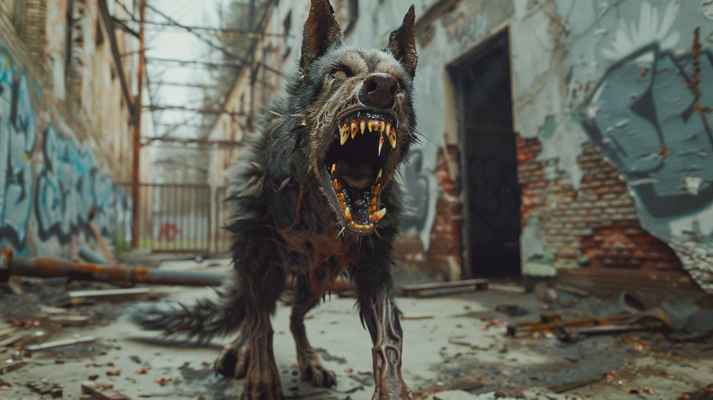 Monstrous Human-Dog Hybrid in Decaying Russian Courtyard