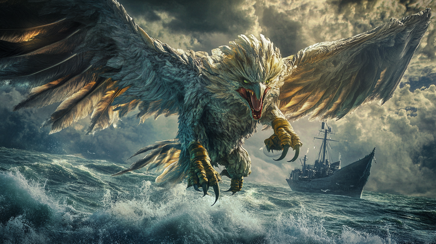 Monstrous winged harpy flying over medieval sea