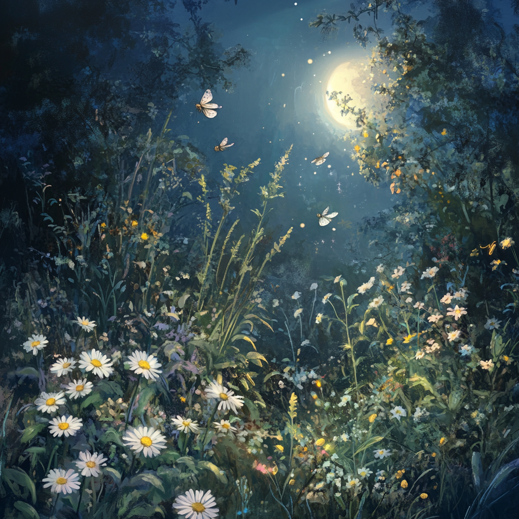 Moonlit Garden with Chamomile, Lemon Balm and Fireflies