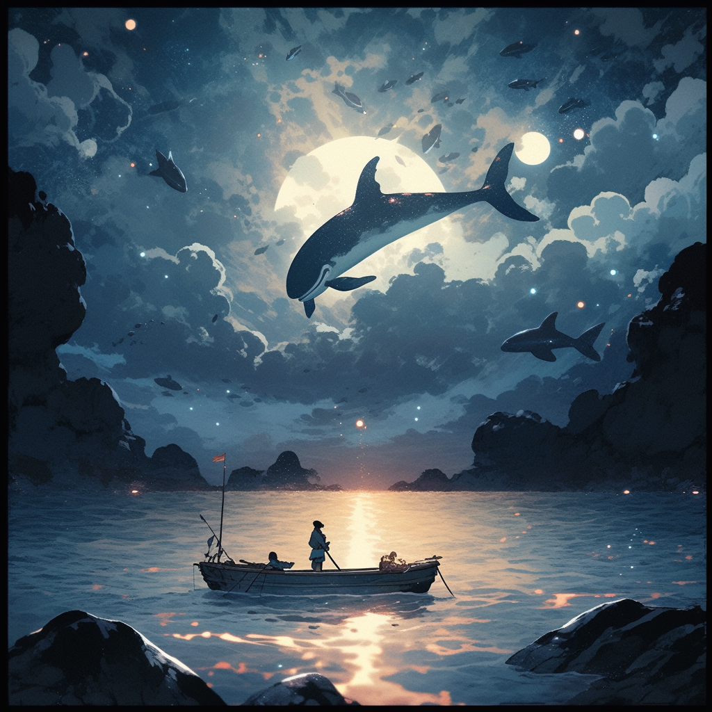 Moonlit ocean boat with giant shark beneath