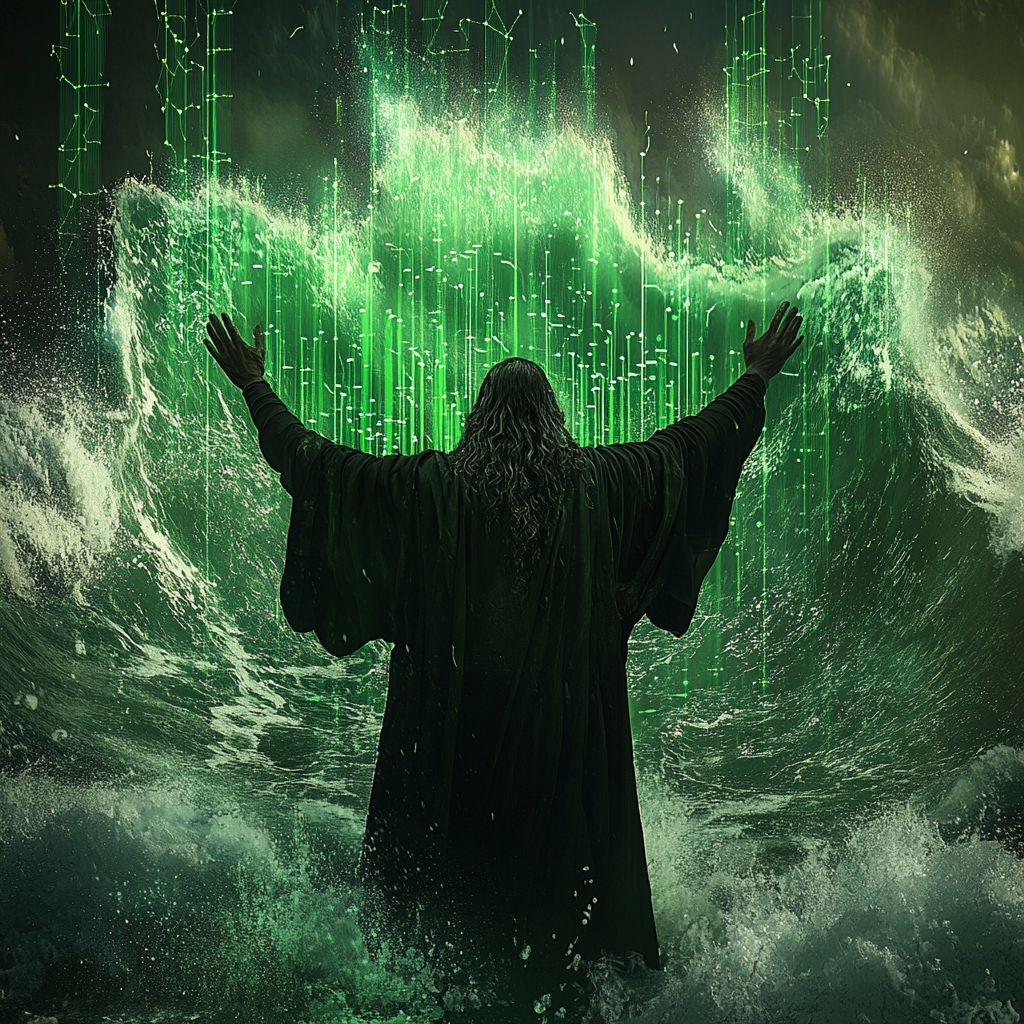 Moses parting green sea with graph bars