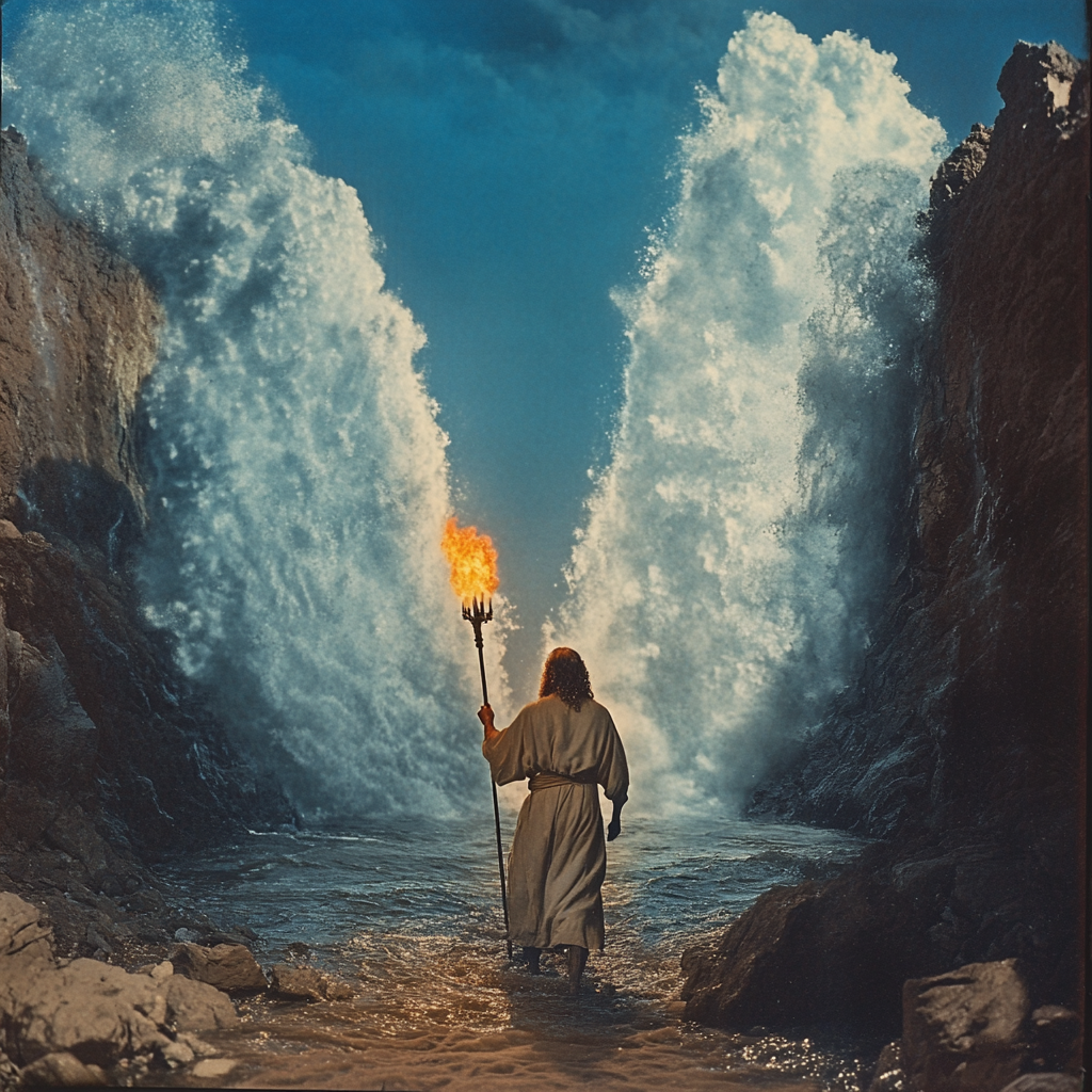 Moses parting red sea with torch in hand.