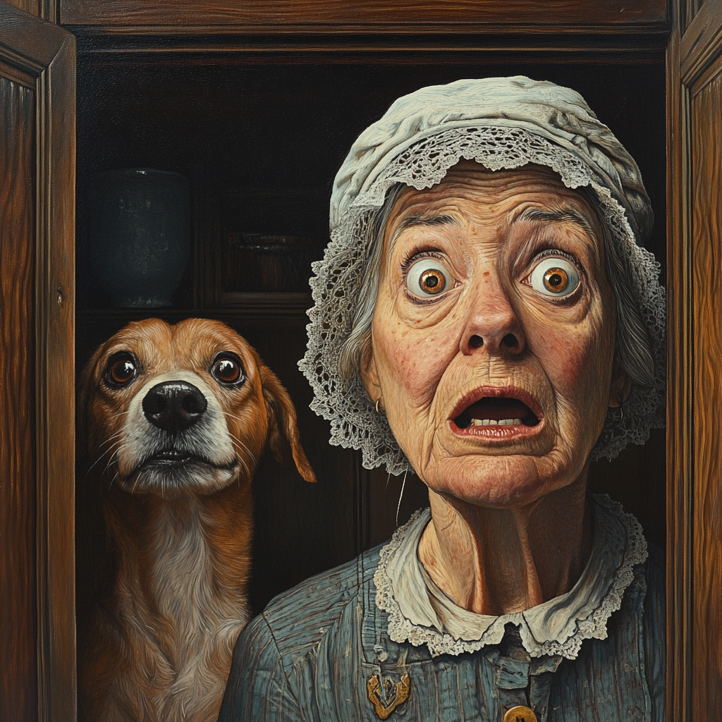 Mother Hubbard and Dog Shocked at Empty Cupboard