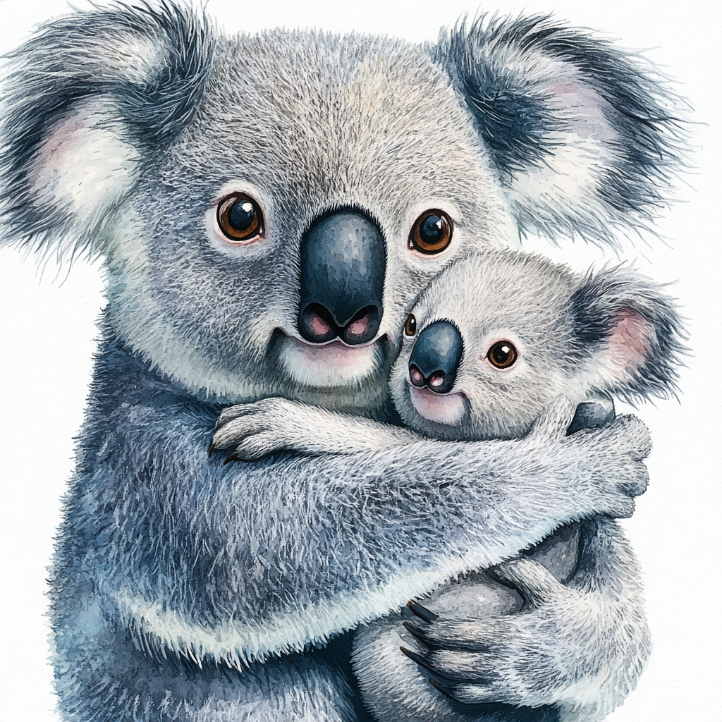 Mother Koala Holds Baby in Watercolour Illustration