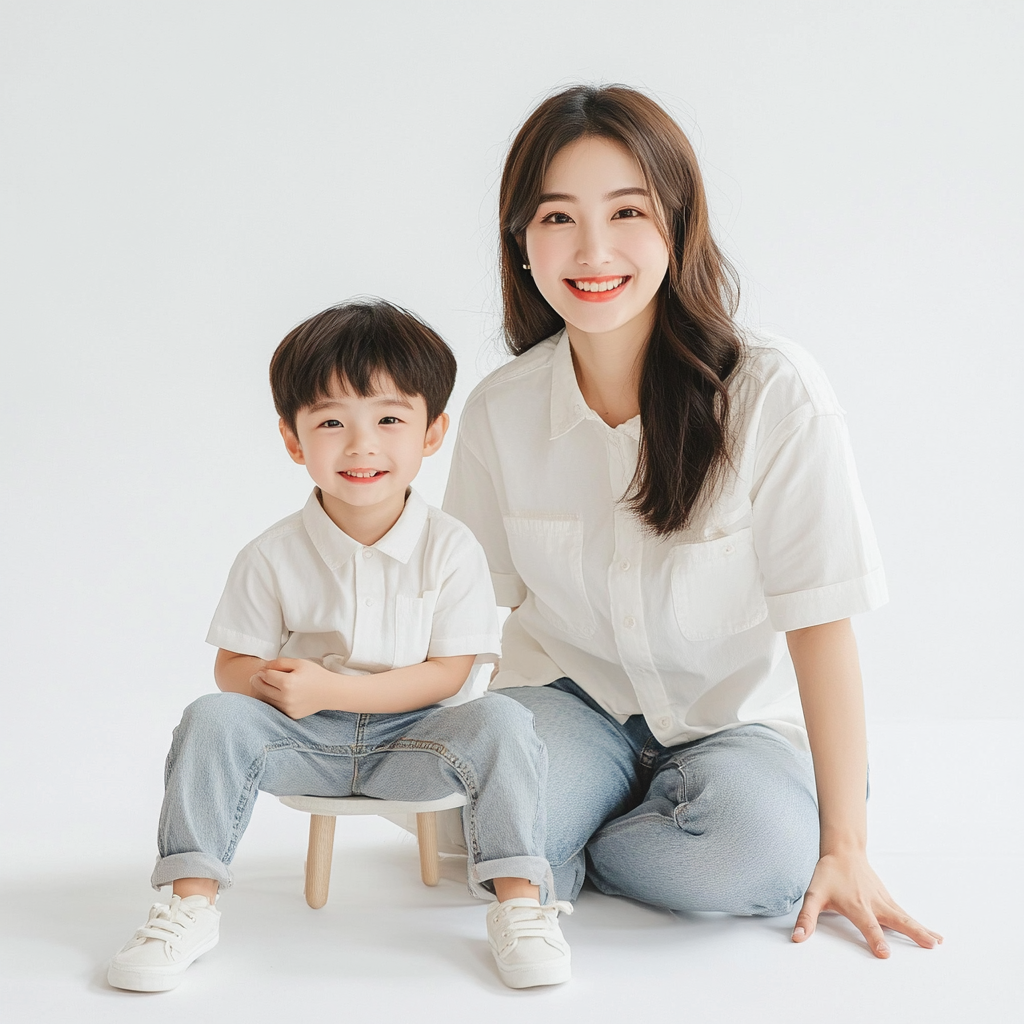 Mother and Child in Matching White Outfits