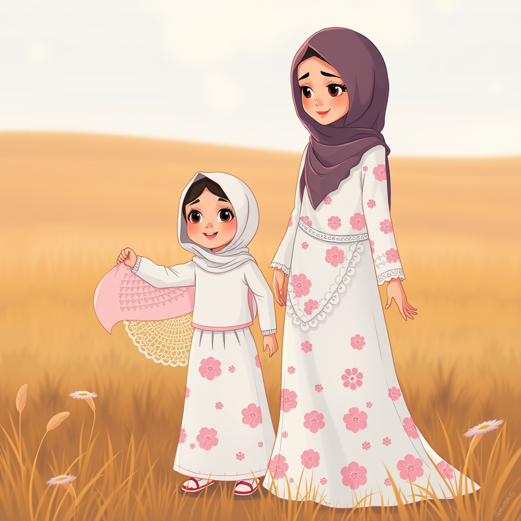 Mother and Daughter Playing in Flowery Hijabs