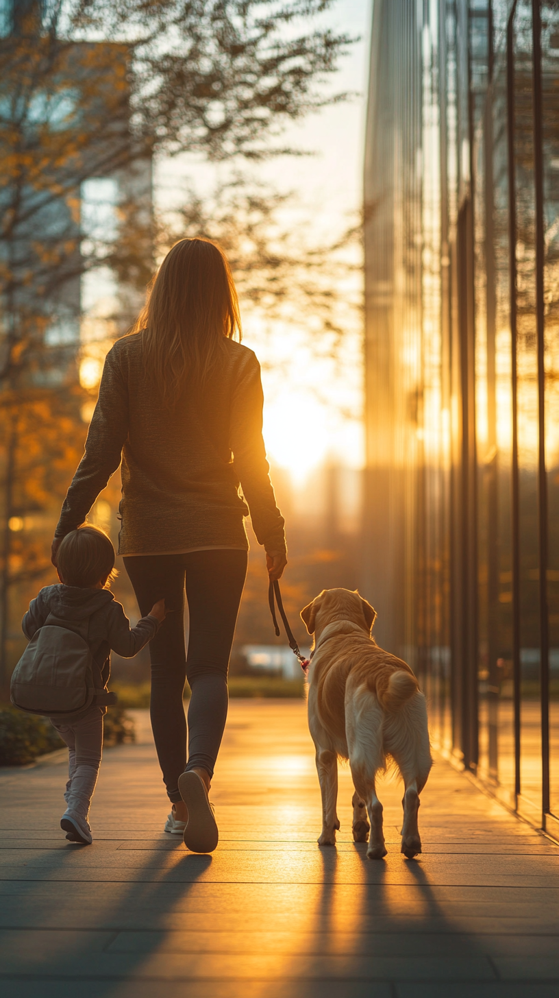 Mother and child walking dog in evening light