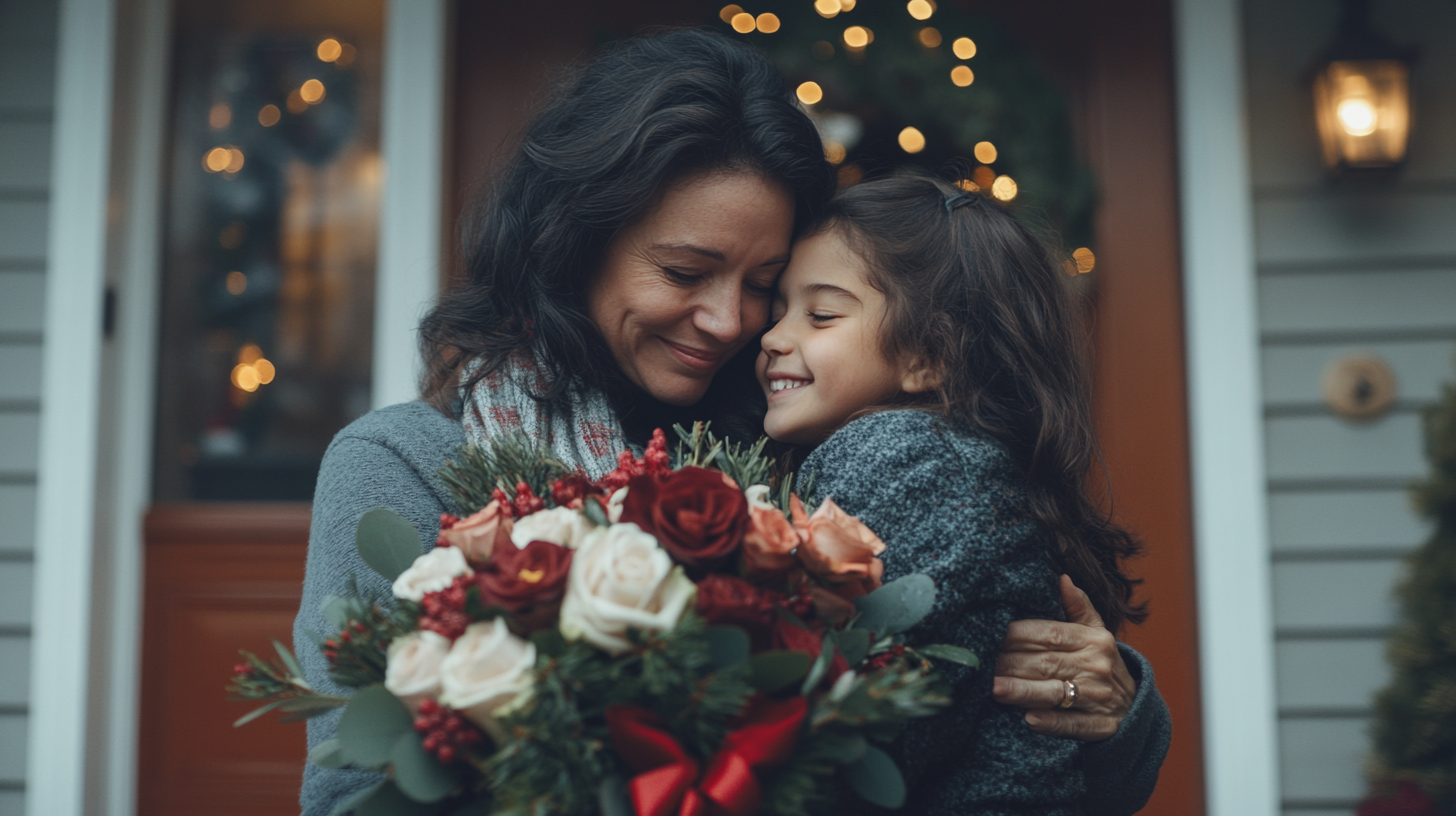 Mother and daughter hugging happily near Christmas decorations